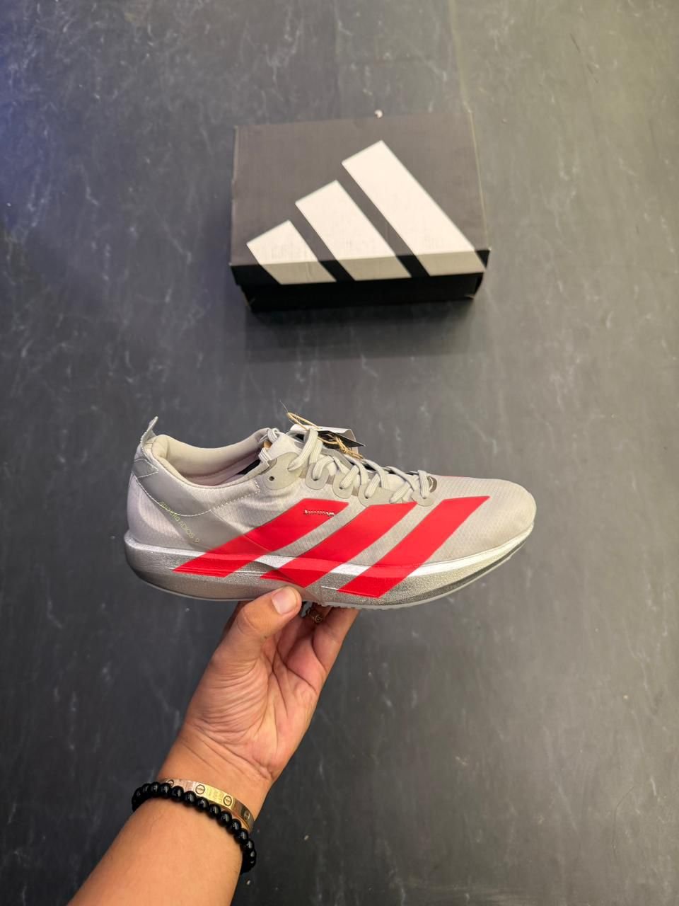 Grey Red Adizero Adios 9 Running Sneakers – Boys' Performance Shoes